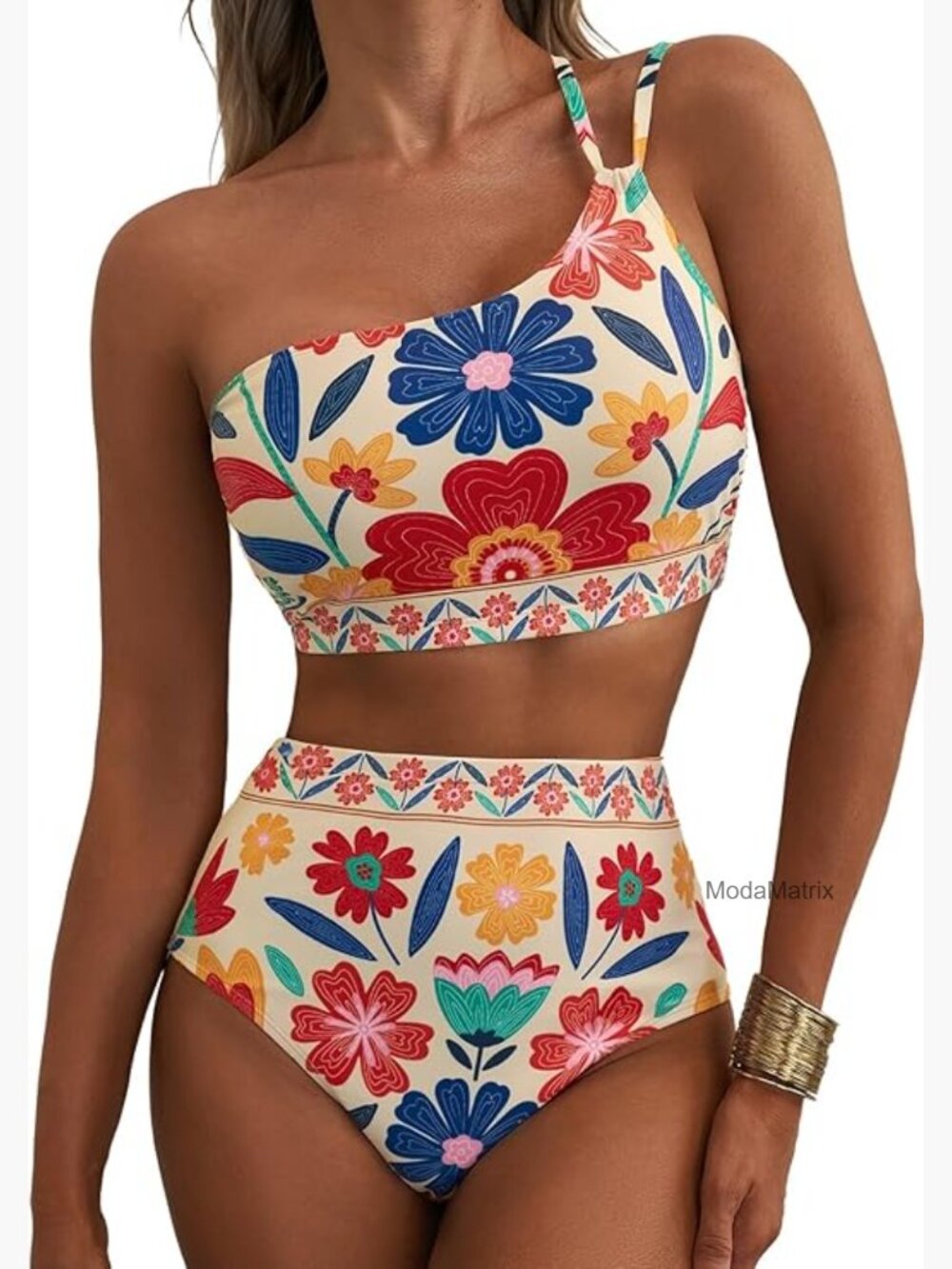 High Waisted Bikini Sets One Shoulder Floral Print Swimsuits 2 Piece Tummy